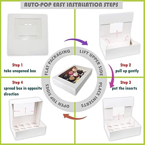 EZZIPAK - Auto Pop l Pack of Six 12Holes Cupcake Boxes with 2 additional cupcakes carrier bags l Modern Stylish auto pop style straight window cup cake box consist of 6 cup cake boxes with 12 Holes