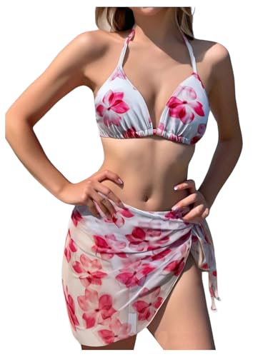 SweatyRocks Girl's 3 Piece Bathing Suit Floral Print Halter Triangle Swimsuit with Cover Up Skirt