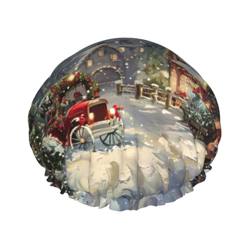 Gorro de ducha con estampado navideño, gorro reutilizable con forro y banda elástica con dobladillo elástico