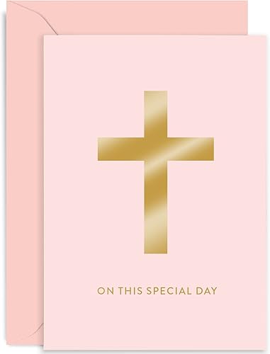 Old English Co. - Tarjeta de bautismo para niña, tarjeta de papel de aluminio dorado de cruz crucificada rosa, día de bautizo del bebé, para