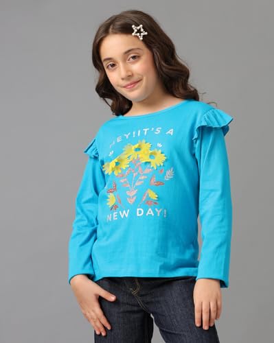 Image of Under Fourteen Only Girls Full Sleeve Knit Top | Stylish Ruffle Cap Detail on Shoulder | Soft & Comfortable Knit T-Shirt for Girls | Casual Wear | Blue Moon (4-5 Years)