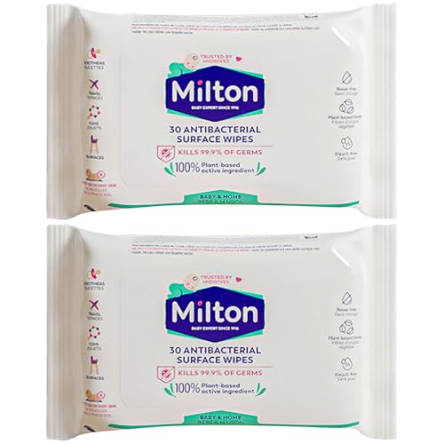 Milton Antibacterial Surface Wipes (2 x 30 Wipes) Baby Safe Disinfectant for Toyas Soothers & Highchairs Plant Based No Rinse Formula