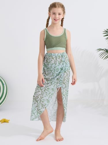 Image of URMAGIC Girls Swimsuit Bikini Set 3 Piece Bathing Suit Tropical Floral Swimwear with Cover Up Skirt 9-16Y