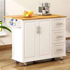 Soges mobile kitchen island with storage and drop leaf on wheels rolling kitchen island table cart with 3 drawers and large storage cabinets spacious desktop adjustable shelves white  urban country home decor