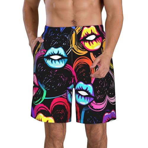 AMRANDOM Men Swim Trunks Drawstring Elastic Waist Quick Dry Beach Shorts with Pockets
