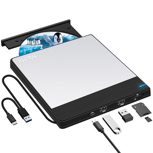 NOLYTH External CD/DVD Drive for Laptop: Burn DVDs and CDs for Files Data Backup Support M-Discs - Plug & Play for Mac Windows - Portable High-Speed with SD/TF/2 USB Ports