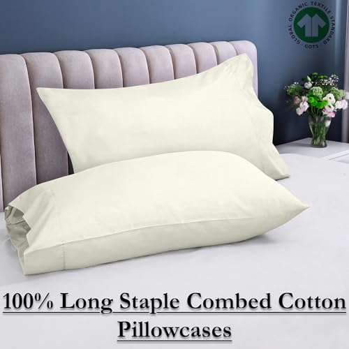 Image of ROYALE LINENS 300 Thread Count 100% Long Staple Combed Cotton Pillowcases Set of 2 - Ultra Soft - Queen Bed Pillow Cover - 20 inchx30 inch - Breathable, Cool & Crisp Percale White Pillow Cases (Queen, Ivory)