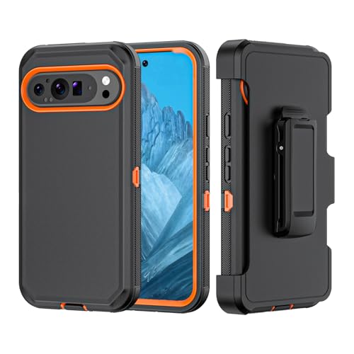 TASHHAR Phone Case for Google Pixel 9/9 Pro Case,Heavy Duty Hard Shockproof Armor Protector Case Cover with Belt Clip Holster for Google Pixel 9/9 Pro 2024 Phone Case (Black+Orange)