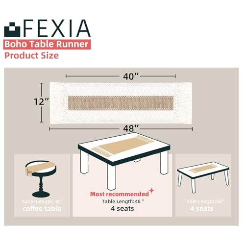 Image of FEXIA Boho Table Runner for Summer Home Coffee Decor with Tassels 48 Inches Long Farmhouse Rustic Table Cloth Cream & Brown Macrame for Kitchen Dining Bedroom Decor Bridal Shower (12x48 Inches)