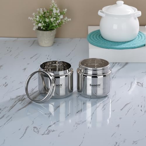 Sumeet Stainless Steel Small Canisters/Dabba/Storage Containers for Kitchen with See Through Lid, Set of 2 Pcs, 400ml Each, 9cm Dia, Silver