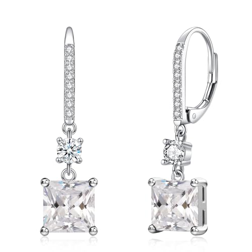 CiNily Square-cut Drop Dangle Earrings for Women Hypoallergenic, 14K White
