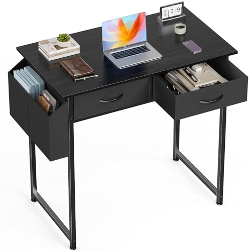OLIXIS 32 Inch Small Desk with Drawers, Home Office Computer Desk with Storage Bag and Headphone Hook, Study Writing Table with Adjustable Feet for Bedroom, Black