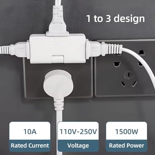 Image of 1 to 3 Way Plug Splitter Adapter, 10A, 110V-250V, 1500W, White. 3-in-1 Multi Plug Adapter 10A 250V, 1 to 3 Socket Converter with Universal Plug, Compact Electrical Power Adapter for Home and Office