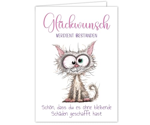 PICTALOO Glückwunschkarte bestandene Prüfung ausgelaugte Katze lustige Grußkarte zum Abitur Examen Schulabschluss Ausbildung Führerschein Bachelor witzige Karte Gratulation Geschenk Abi