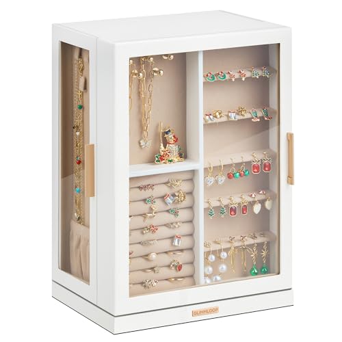 Glimmloop 360° Rotating Jewelry Box with 7 Drawers, Spacious Vertical Jewelry Organizer with Glass Window, Jewelry Storage Case, Dustproof & Moisture-resistant Design, White