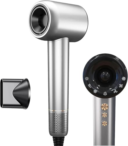 Secador de cabelo profissional prateado com motor brushless, bico concentrador removível e painel de controle com ícones de temperatura e velocidade
