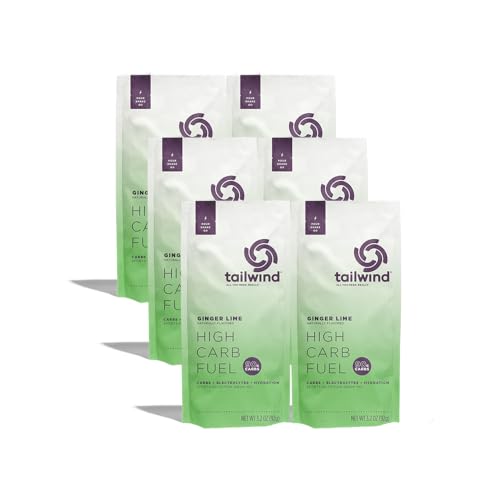 Tailwind Nutrition High Carb Fuel, 90 g High Intensity Carbs (2:1 Glucose:Fructose) + Electrolytes, Gluten‑Free, Vegan, Ginger Lime, Single‑Serving 6 Pack