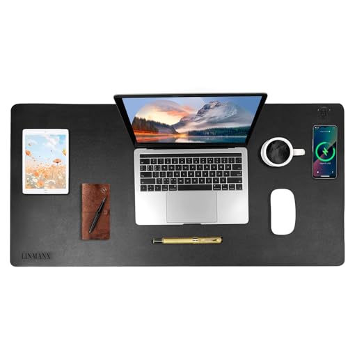 Wireless Charging Mouse Pad with for Desktop Charging Large Desk Mat 32x16 Waterproof Black Leather Computer Mat Mousepad Non-Slip Protector on Top of Desks for Keyboard and Mouse (Black-R)