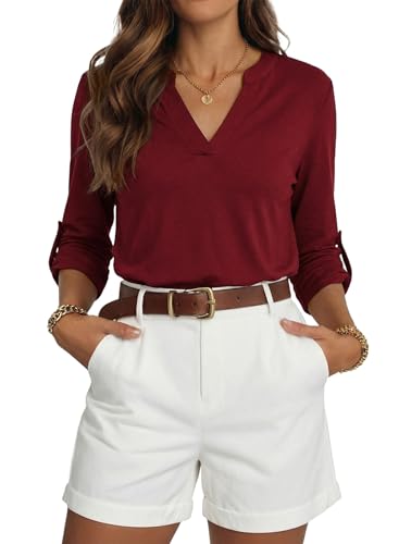 Image of Dokotoo Womens Tops Plaid Cotton Cuffed 3 /4 Sleeve Shirts Blouses