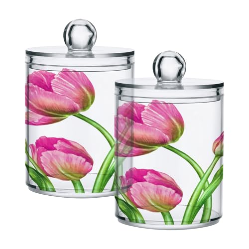 Paquete de 2 tarros de almacenamiento de flores de tulipán, organizador de maquillaje transparente, almohadillas de algodón, hisopos, contenedores de hilo dental