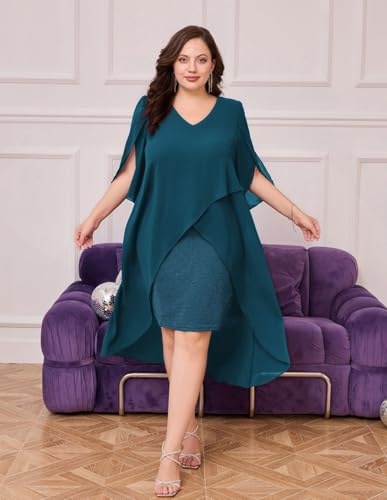 Image of Hanna Nikole Womens Plus Size Chiffon Cocktail Dress Ruffle 3 /4 Sleeve Wedding Guest Party Dresses with High Low Hem