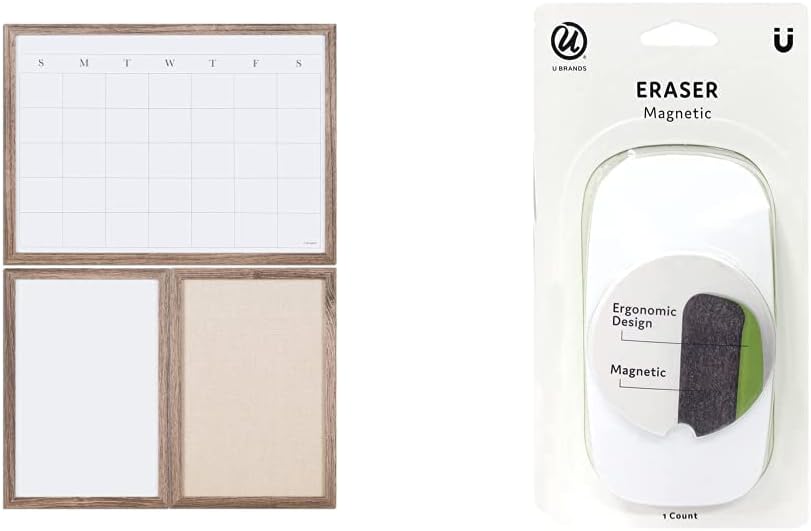 U Brands Decor Organization Center Kit, Rustic Wood Frame (4835U00-01) & Magnetic Dry Erase Board Eraser, Felt Bottom Surface, 4.5 x 2.25 x 1 Inches - 581U04-16