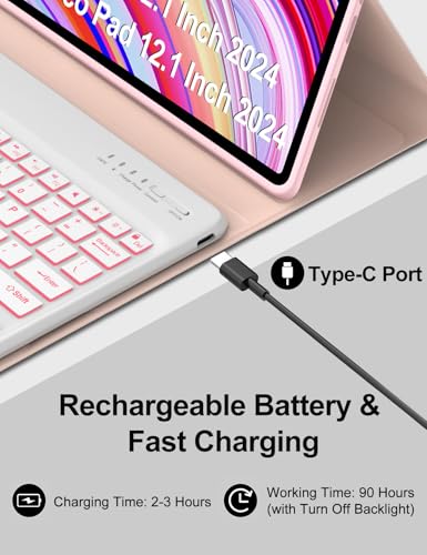 Image of Keyboard Case for Redmi Pad Pro / Xiaomi Poco Pad 12.1 Inch Case with Backlit Keypad, Detachable Wireless Key Board Cover with Pen Holder for Xiaomi Redmi Pro 12.1 inch 2024, 7-Color Backlight, Pink