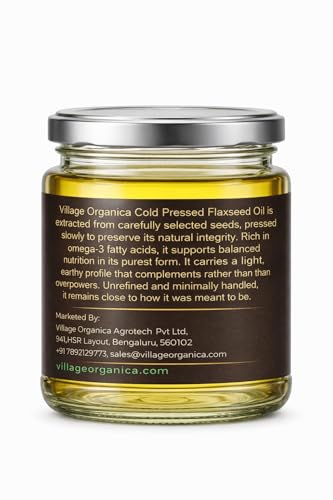 Image of Village-Organica Cold Pressed Flaxseed (Alsi) Oil | 250 ml | Pure & Unrefined | Omega-3 Rich Linseed Oil | Cold Extracted & Packed in Premium Glass Bottle