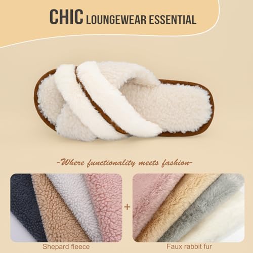 Onmygogo Fuzzy Cross Band Indoor Slippers for Women, Open Toe Slippers with Memory Foam and Soft Nonslip Sole3