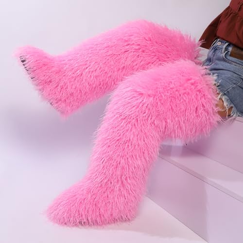 Image of Black Thigh High Fur Boots, Over the Knee Fluffy High Boots, Tall Furry shoes for Women