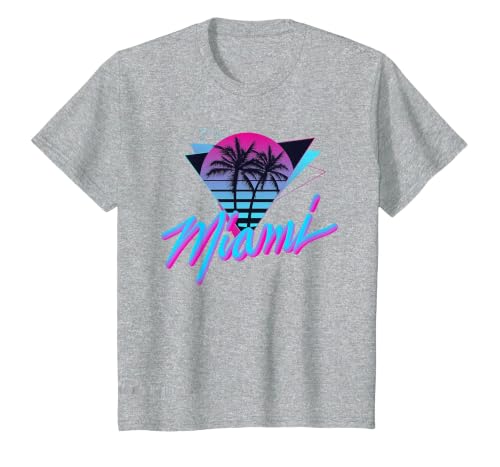 Miami - Palm Trees - Vaperwave Synthwave 80s Style Retro T-Shirt, Youth, Heather Grey, Large