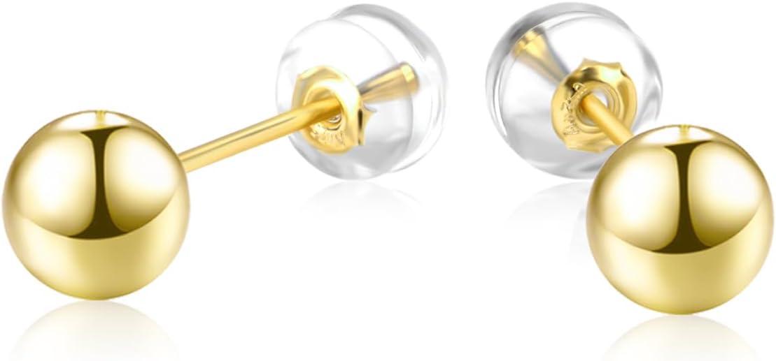 18K Yellow Gold Ball stud Earrings for Women, Gold Post Earrings for Girls