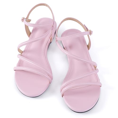 Image of Mtzyoa Women Flat Sandals Dressy Strappy Gladiator Summer Ankle Strap Nude Open Toe Comfortable Wedding Casual Leather Ladies Party Trendy Vacation