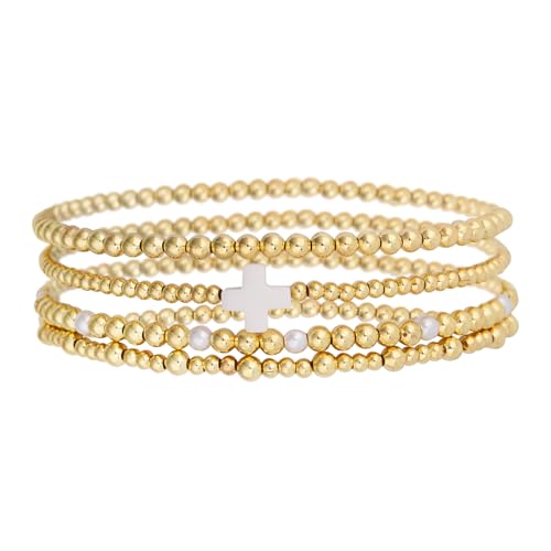 4pcs Gold Bead Stack Bracelets Set for Women, Non-Tarnish Gold Beaded Elastic Cross Pearl Bracelets Stackable Hand Chain Trendy Jewelry Gifts