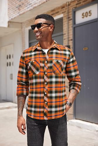 COOFANDY Men's Flannel Plaid Shirts Long Sleeve Casual Button Down Shirt with Pockets Orange Green - Image 3