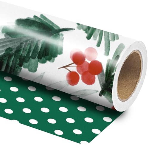 LeZakaa Christmas Green Wrapping Paper Roll, Watercolor Mushroom Leaf Print & Green Polka Dot Reversible Design Holiday Gift Wrap for Christmas Party, Mini Roll 17 in x 32.8 Ft