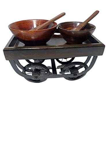 DWH Deluxe Wood HANDICRAFTS handmade Redi Shape Tray - Desi Look Wooden Tray with 2 Bowls/Square Wooden Wheel Tray//Great for Food and Drink - Wood Serving Tray with Wooden Bowl