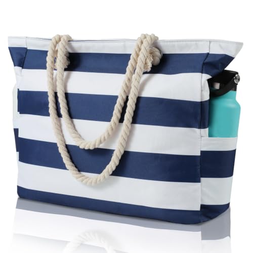 WORPICE Beach Bag - Large Zippered Bag with Adjustable Rope Handle Durable Shoulder Bag for Travel Gym Shopping Pool Picnic Essentials
