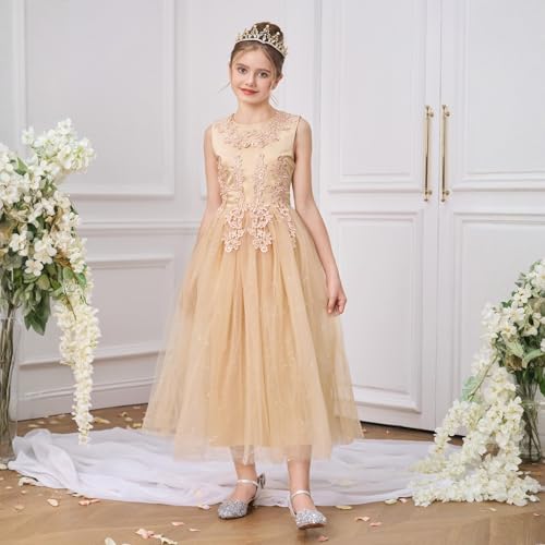 Girls Elegant Lace Flower Tulle Ball Gown Dress Sleeveless Princess Party Wedding Birthday Formal Dresses for Kids2