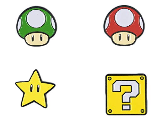 Super Mario Bros Power Ups Enamel Lapel Pin Set Question Mark, Star, Mushroom, and Sunflower, Multicolor, Small