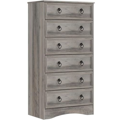 VVFLU 6 Drawer Dresser Tall 52 Tall Grey Dresser for Bedroom Chest of Drawers Large Storage Organizer for Clothes Grey Vintage for Living Room Bedroom Hallway