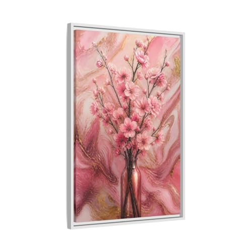 Tableau cerisier en fleurs cadre blanc 50x75 toile salon rose et dorée verticale 20x30