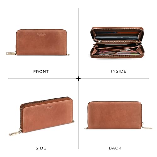 Image of BERLINER BAGS Genuine Leather Zip Wallet Women Lyon, Gift Box - Brown | Soft Leather Zip Around Wallet, Fits up to Phone 6.9 inch, 15 Card Slots, 1 ID Window, 3 Bill Slots, 1 Coin Pocket, RFID Blocking