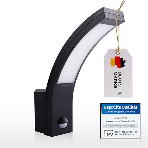 Maxkomfort LED Außenleuchte mit Bewegungsmelder Schwarz | 15 Watt 4000K Neutralweiß IP54 900lm | Wandleuchte Außenlampe Fluter Strahler
