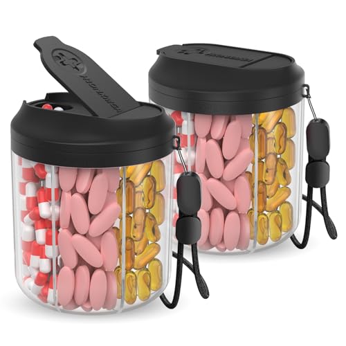 Image of HIONXMGA Pill Dispenser with 7 Large Compartments, 4.4 inch H x 3.6 inch Dia Pill Bottle Organizer for Travel,Supplement Organizer with Anti-Mixing Design,BPA-Free Pill Container with 20 Pcs Labels Black 2pcs