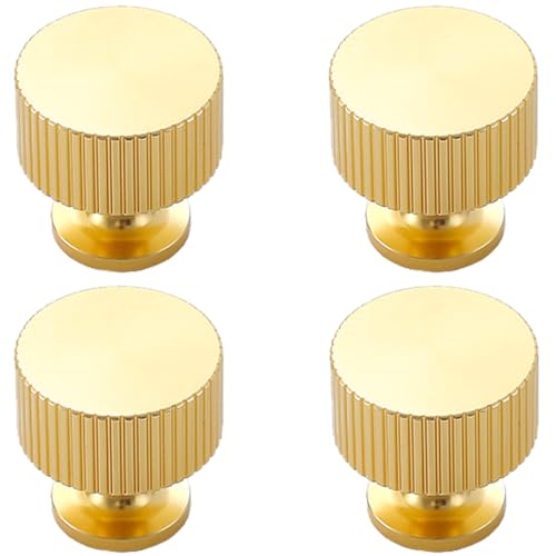 Kelier 28MM Diameter Texture Brass Cabinet Knobs, [4 Pack] Vintage Brushed Gold Kitchen Handles and Knobs for Cabinets/Cupboard/Drawer, Gold