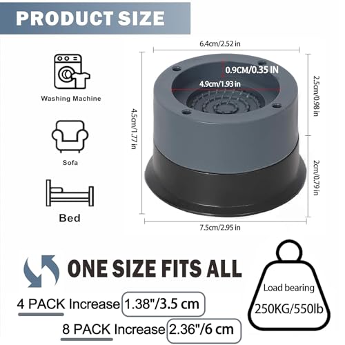 Anti Vibration Pads Increase 1.38"/2.36", 8pcs Washing Machine Base Foot Pads, Non Slip Heighten Shock and Noise Cancelling Mat for Washer and Dryer Machine Support Protects Pedestals