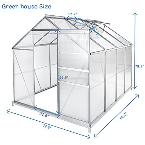 Green House for Plants Outdoor, 6 x 8 x 7 FT Walk-in Polycarbonate Greenhouse Kit, Large Hot House Greenhouses w/Sliding Door and Ventilation Window for Winter (Slivery, 6 x 8 x 7 FT) - Thumbnail 2