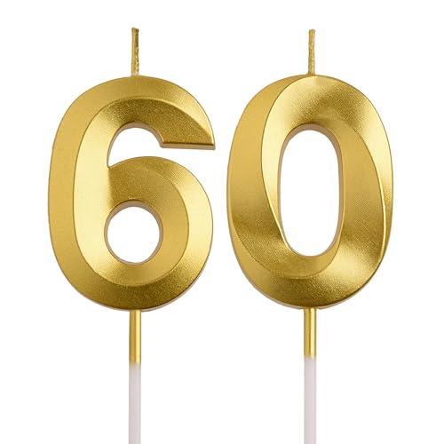 AOOLADA 60th Birthday Candles, Gold 60 Year Old Number Birthday Candles, Number 60 Candles for Men Women, Happy Birthday Party Decorations Cake Topper Gifts for Wedding Anniversary Celebration