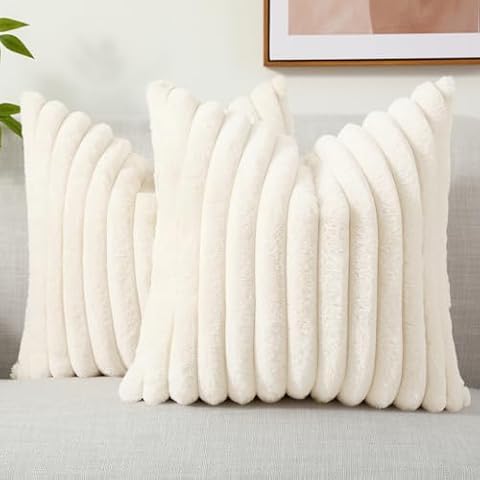 decorUhome Faux Fur Spring Throw Pillow Covers 20x20 Set of 2, Decorative Soft Plush Striped Couch Pillow Covers with Velvet Back for Sofa, Bed, Living Room, Cream White Cover